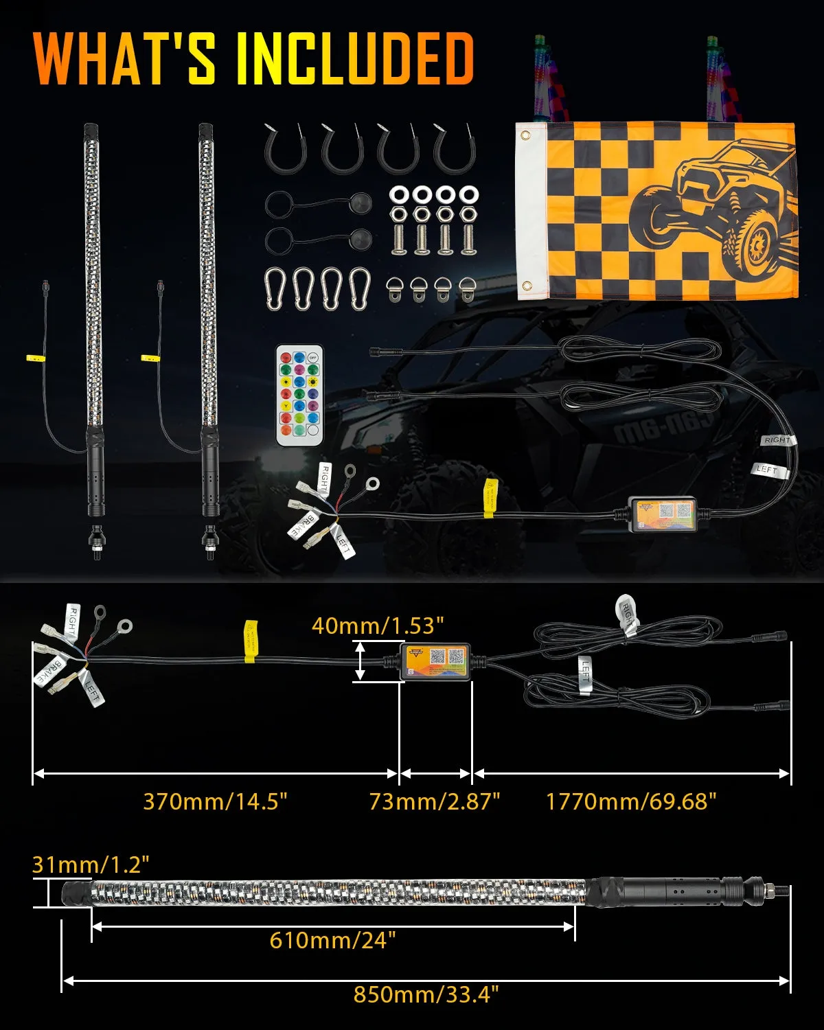 New LED RGB Whip Lights with Turn Signal & Brake Light, Bluetooth APP/ Remote Control