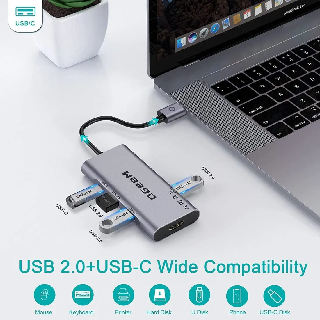 QGeeM USB to HDMI Adapter, 7-in-1 USB Hub 3.0 with HDMI 1080p,3 USB Ports,USB-C Data Port,SD/Micro Card Reader, Compatible for MacBook and Windows