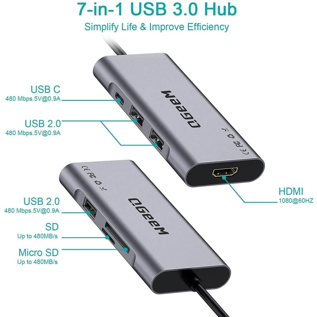 QGeeM USB to HDMI Adapter, 7-in-1 USB Hub 3.0 with HDMI 1080p,3 USB Ports,USB-C Data Port,SD/Micro Card Reader, Compatible for MacBook and Windows