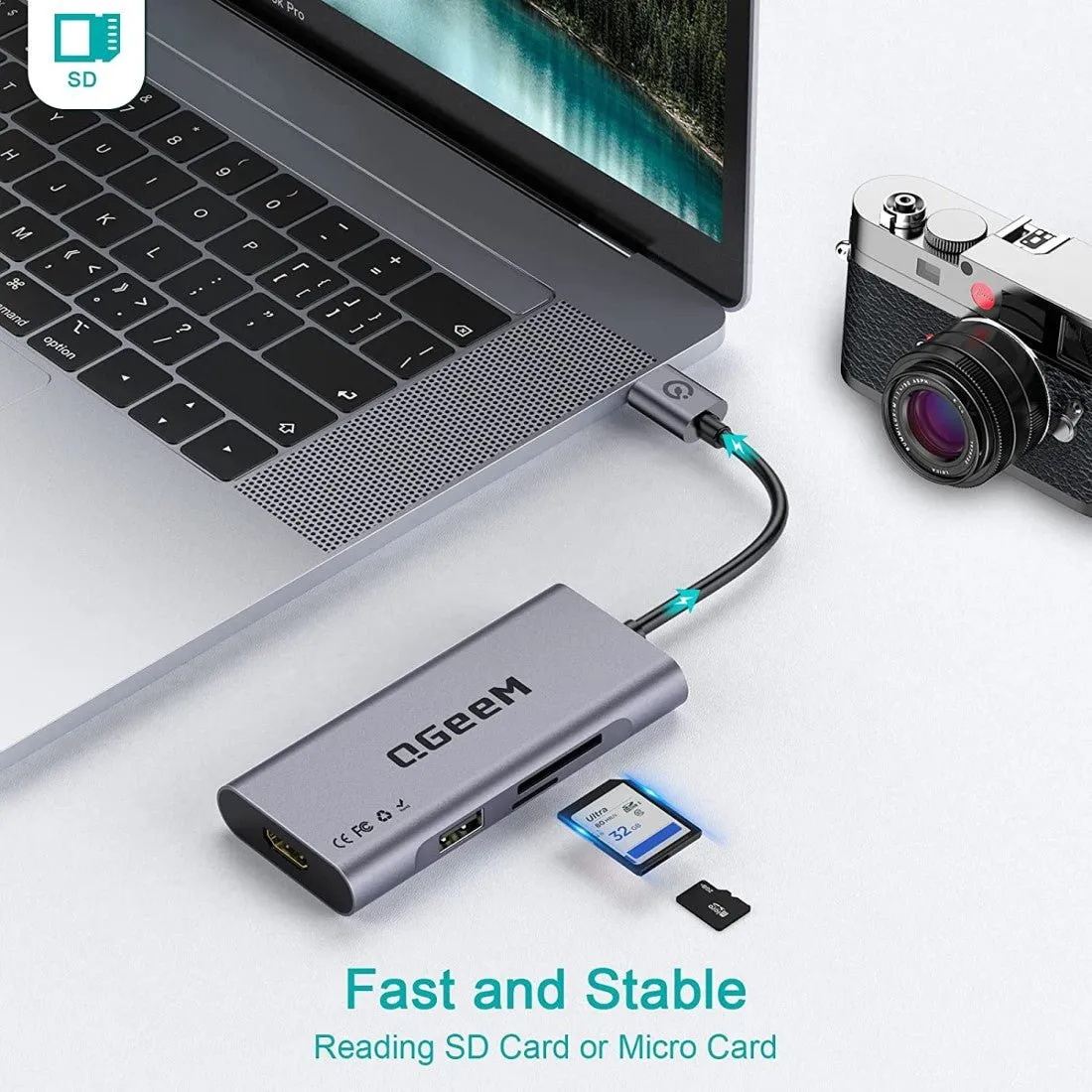 QGeeM USB to HDMI Adapter, 7-in-1 USB Hub 3.0 with HDMI 1080p,3 USB Ports,USB-C Data Port,SD/Micro Card Reader, Compatible for MacBook and Windows