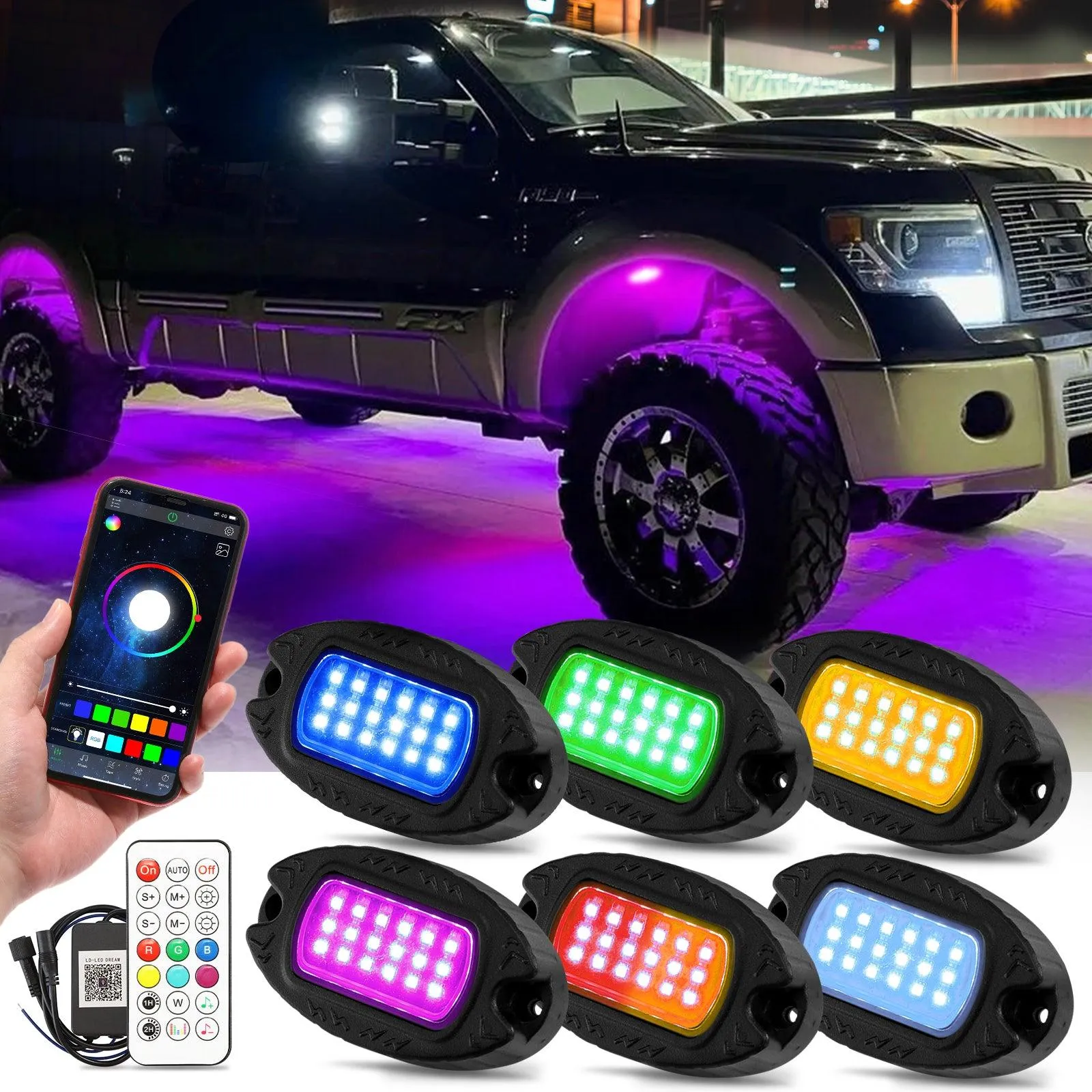RGB LED Rock Lights Kit with Bluetooth APP & Wireless Remote Control, Multicolor Neon Underglow Lights with Brake Light Function for ATV UTV