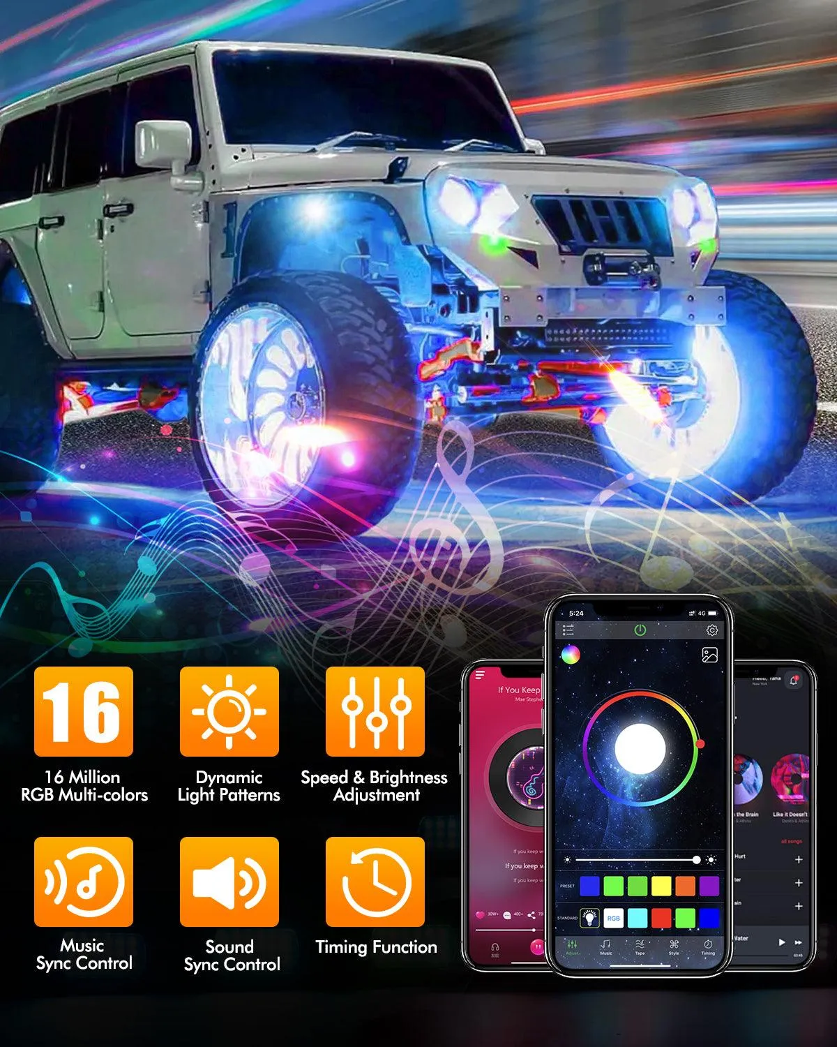 RGB LED Rock Lights Kit with Bluetooth APP & Wireless Remote Control, Multicolor Neon Underglow Lights with Brake Light Function for ATV UTV