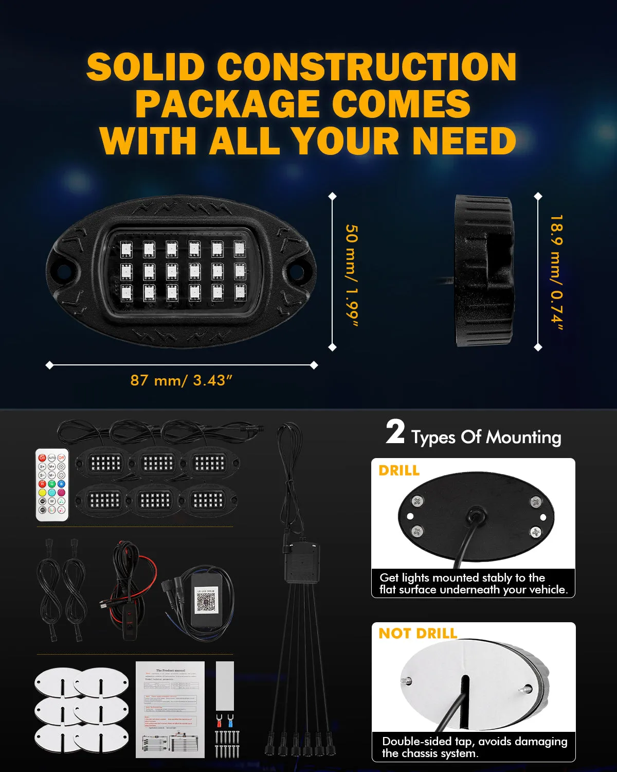 RGB LED Rock Lights Kit with Bluetooth APP & Wireless Remote Control, Multicolor Neon Underglow Lights with Brake Light Function for ATV UTV