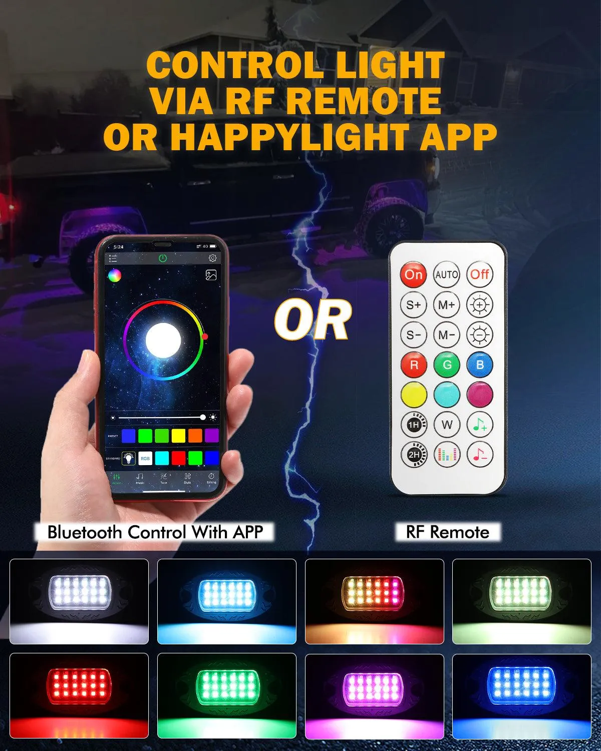 RGB LED Rock Lights Kit with Bluetooth APP & Wireless Remote Control, Multicolor Neon Underglow Lights with Brake Light Function for ATV UTV