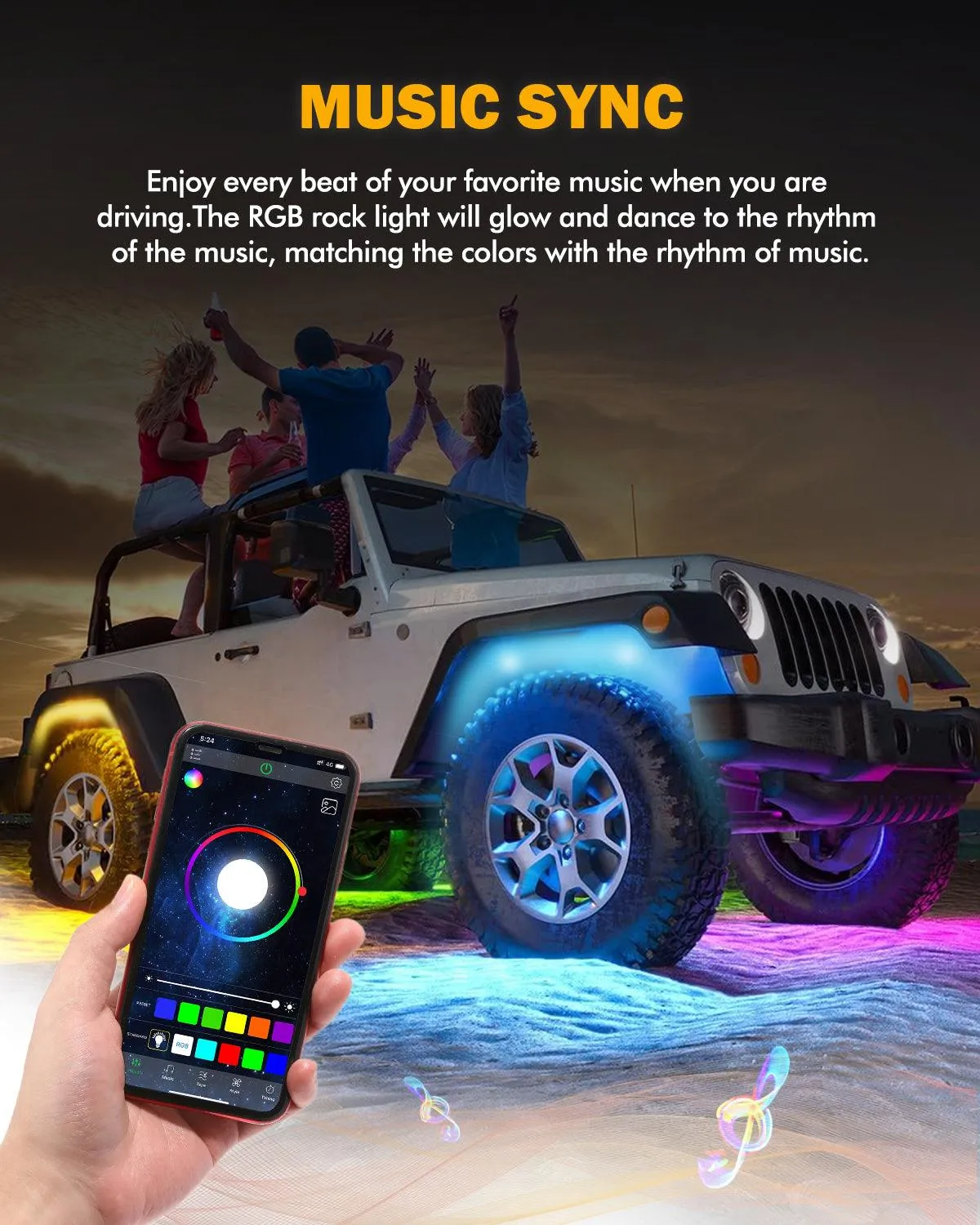RGB LED Rock Lights Kit with Bluetooth APP & Wireless Remote Control, Multicolor Neon Underglow Lights with Brake Light Function for ATV UTV