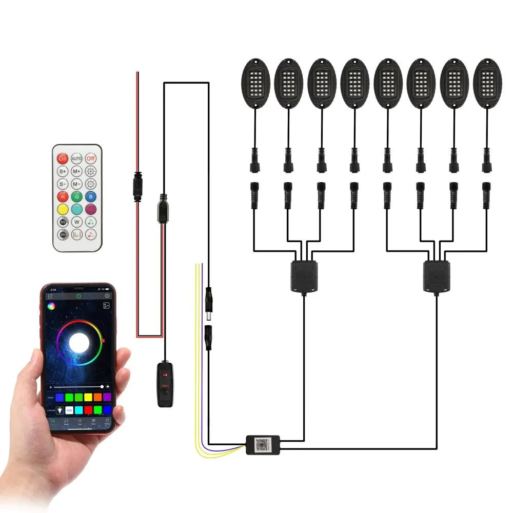 RGB LED Rock Lights Kit with Bluetooth APP & Wireless Remote Control, Multicolor Neon Underglow Lights with Brake Light Function for ATV UTV