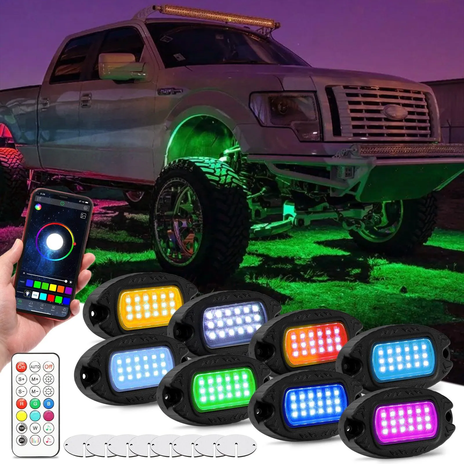RGB LED Rock Lights Kit with Bluetooth APP & Wireless Remote Control, Multicolor Neon Underglow Lights with Brake Light Function for ATV UTV