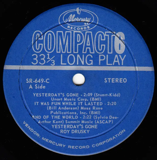 Roy Drusky - Yesterday's Gone (7", Jukebox) (VG )