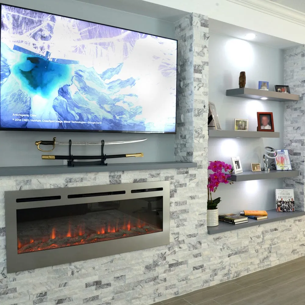 The Sideline Deluxe Stainless Steel 60 Inch Recessed Smart Electric Fireplace Refurbished 86277