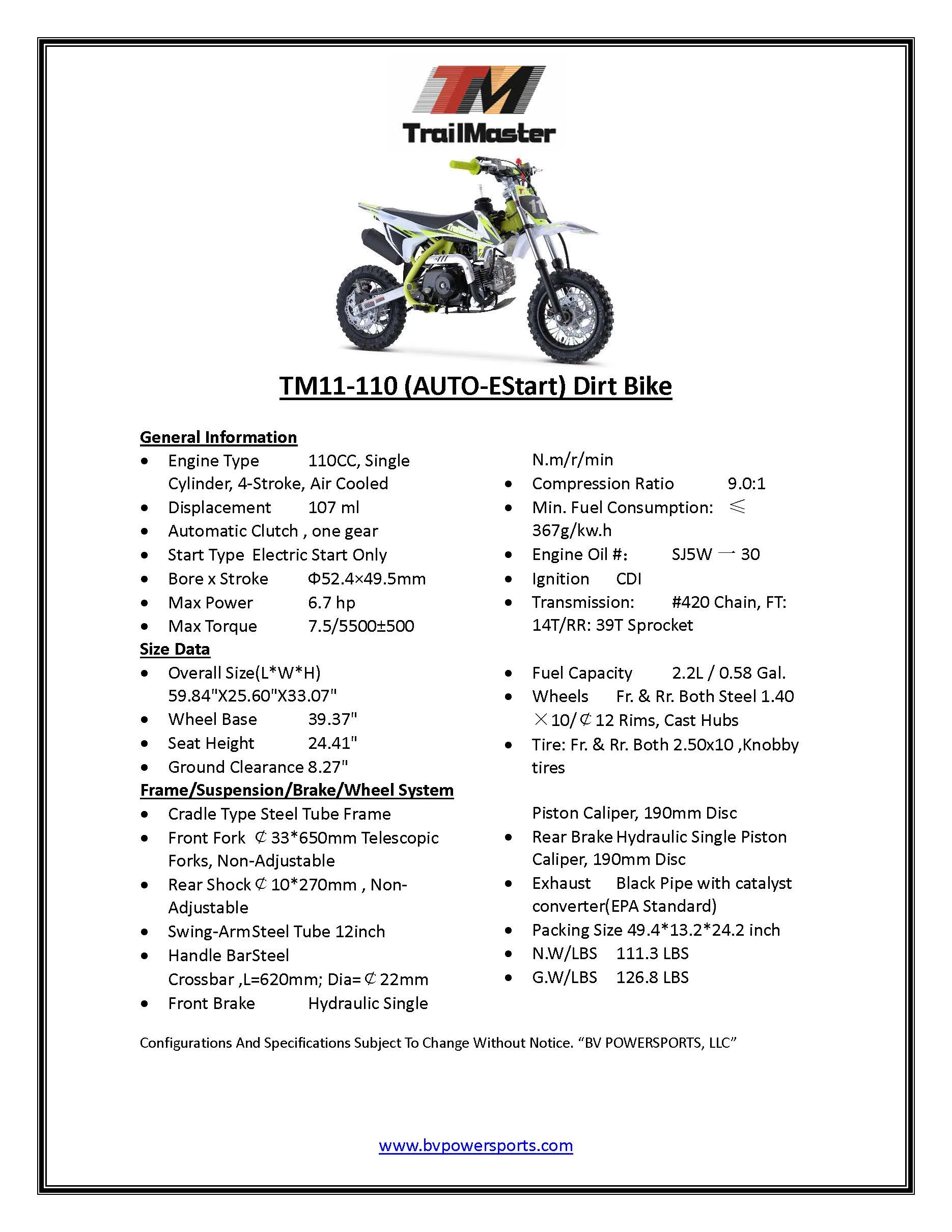 Trailmaster TM11 Dirt Bike 110cc Automatic Great Kids Bike, Electric Start, More power 25" inch seat 10 inch rims.