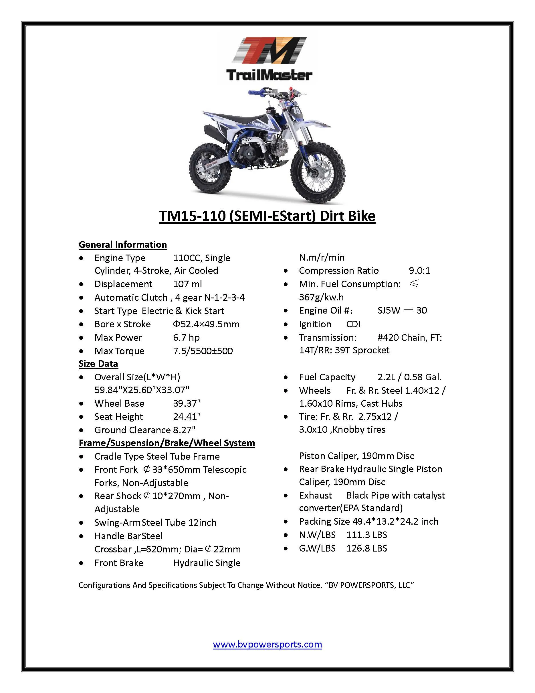 Trailmaster TM15 Dirt Bike 107cc Semi-Automatic 4 speed, 12 inch front tire, Electric Start, 24.21 inches seat height, Disk Brakes, Twin Spar Frame