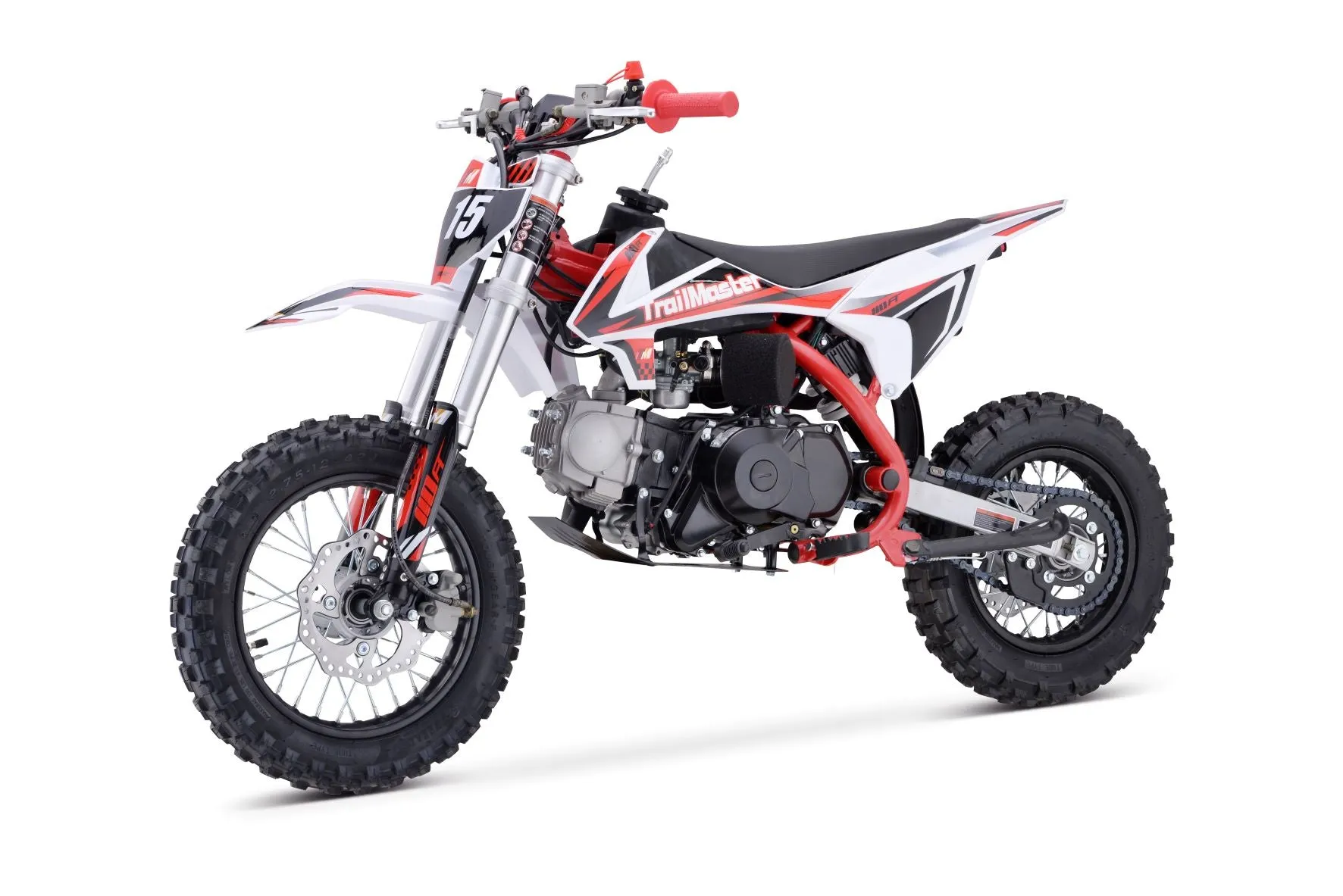 Trailmaster TM15 Dirt Bike 107cc Semi-Automatic 4 speed, 12 inch front tire, Electric Start, 24.21 inches seat height, Disk Brakes, Twin Spar Frame