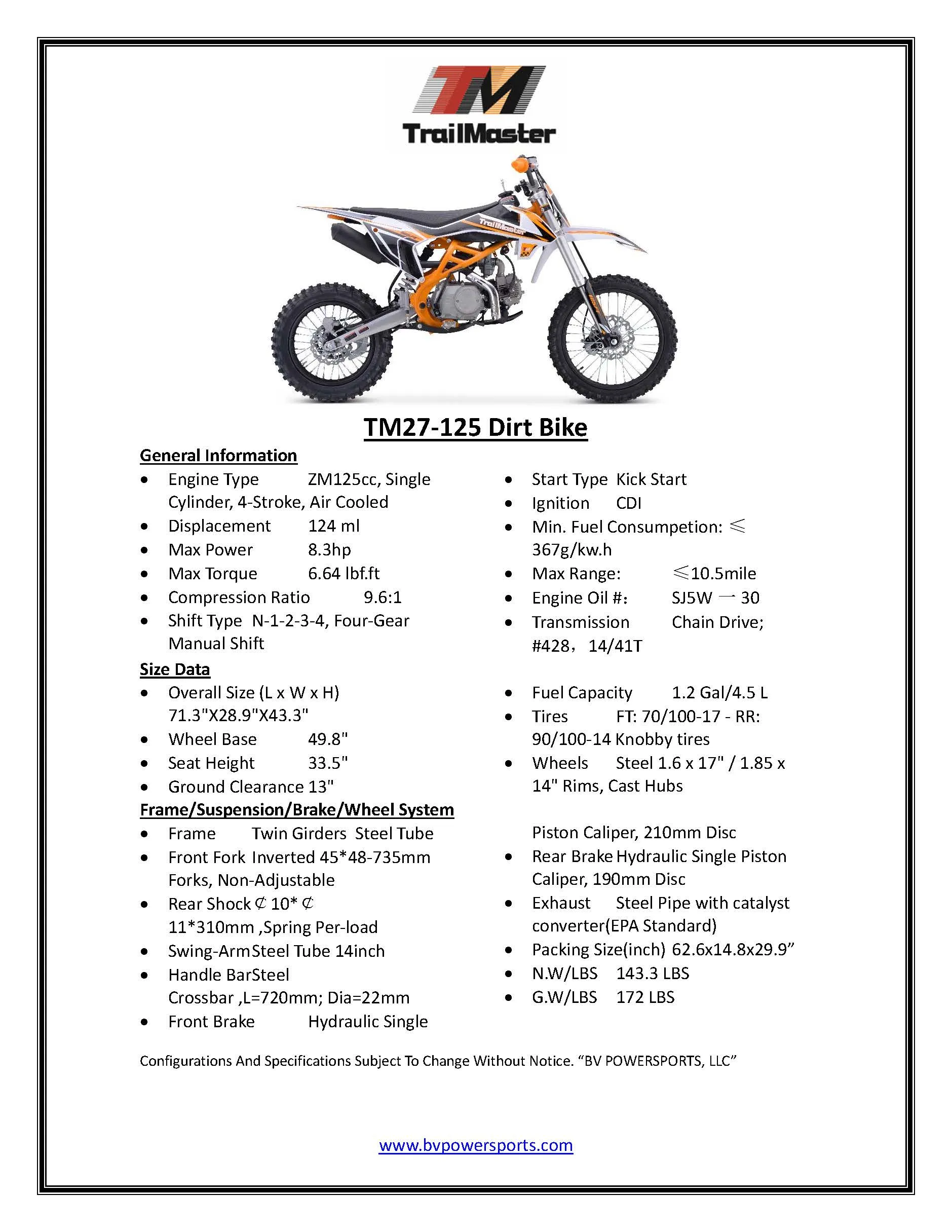TrailMaster TM27 Dirt Bike  17" Font Tire.  four speed manual trans 33 inch seat height