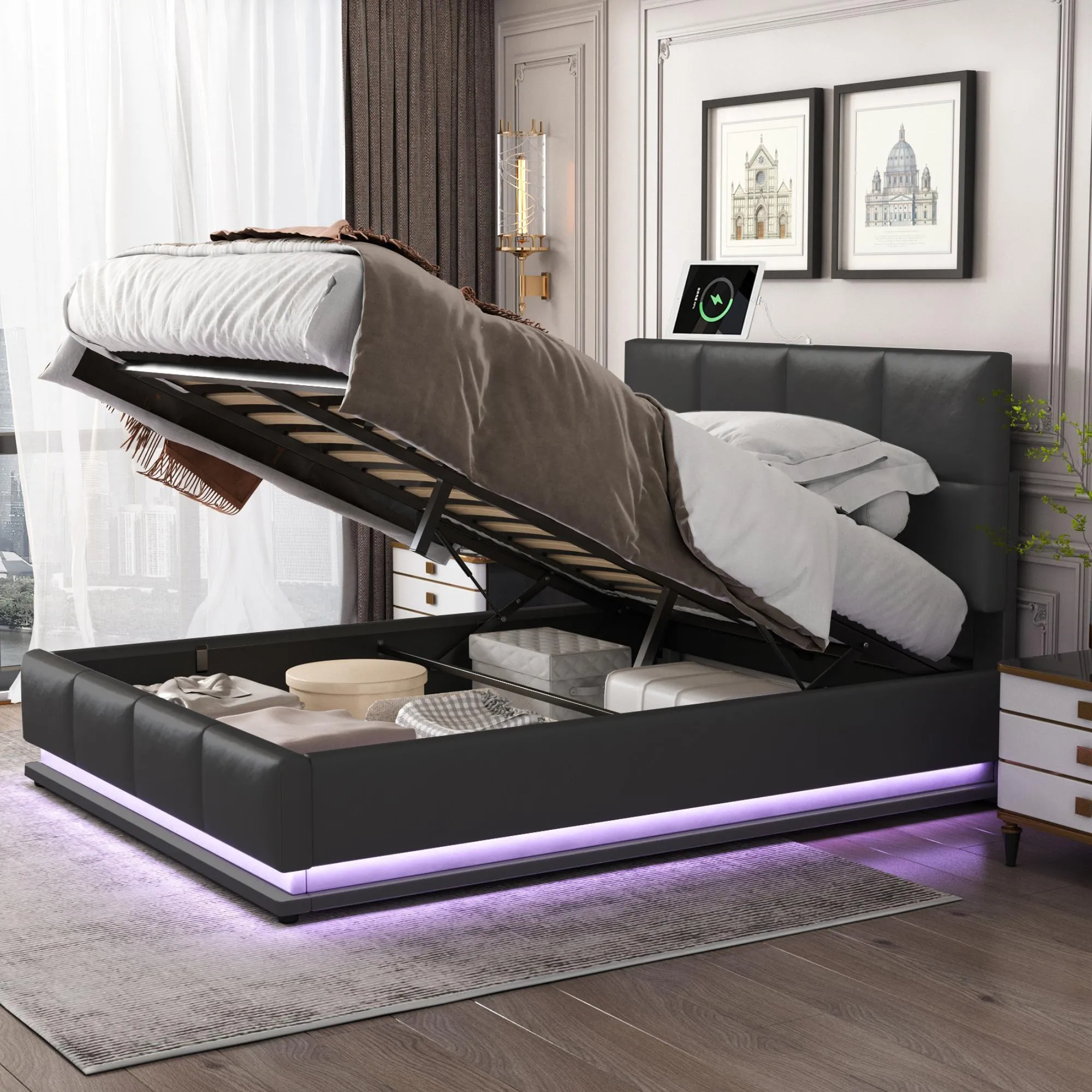 Tufted Upholstered Platform Bed with HydraulicStorage System,Queen Size PUStorage Bed with LED Lights and USB charger, Black