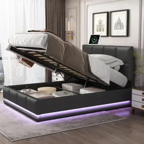 Tufted Upholstered Platform Bed with HydraulicStorage System,Queen Size PUStorage Bed with LED Lights and USB charger, Black