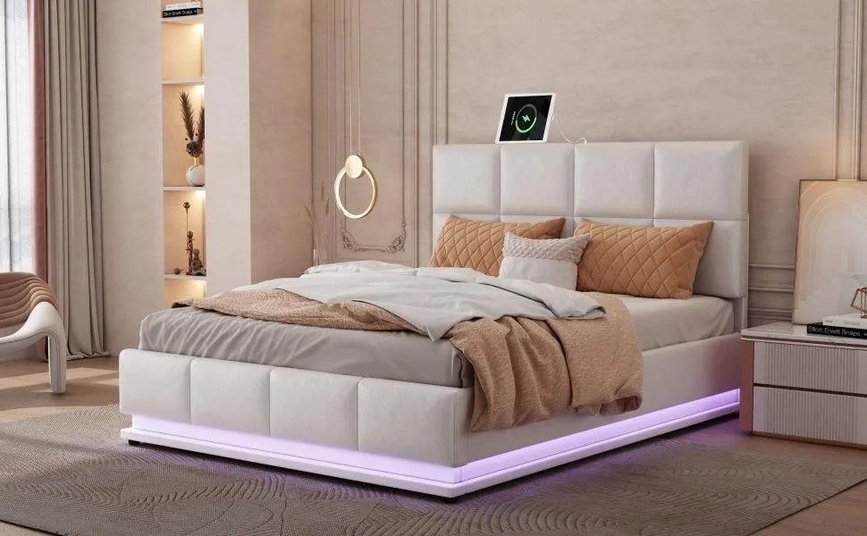 Tufted Upholstered Platform Bed with HydraulicStorage System,Queen Size PUStorage Bed with LED Lights and USB charger, White
