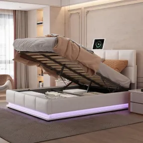 Tufted Upholstered Platform Bed with HydraulicStorage System,Queen Size PUStorage Bed with LED Lights and USB charger, White