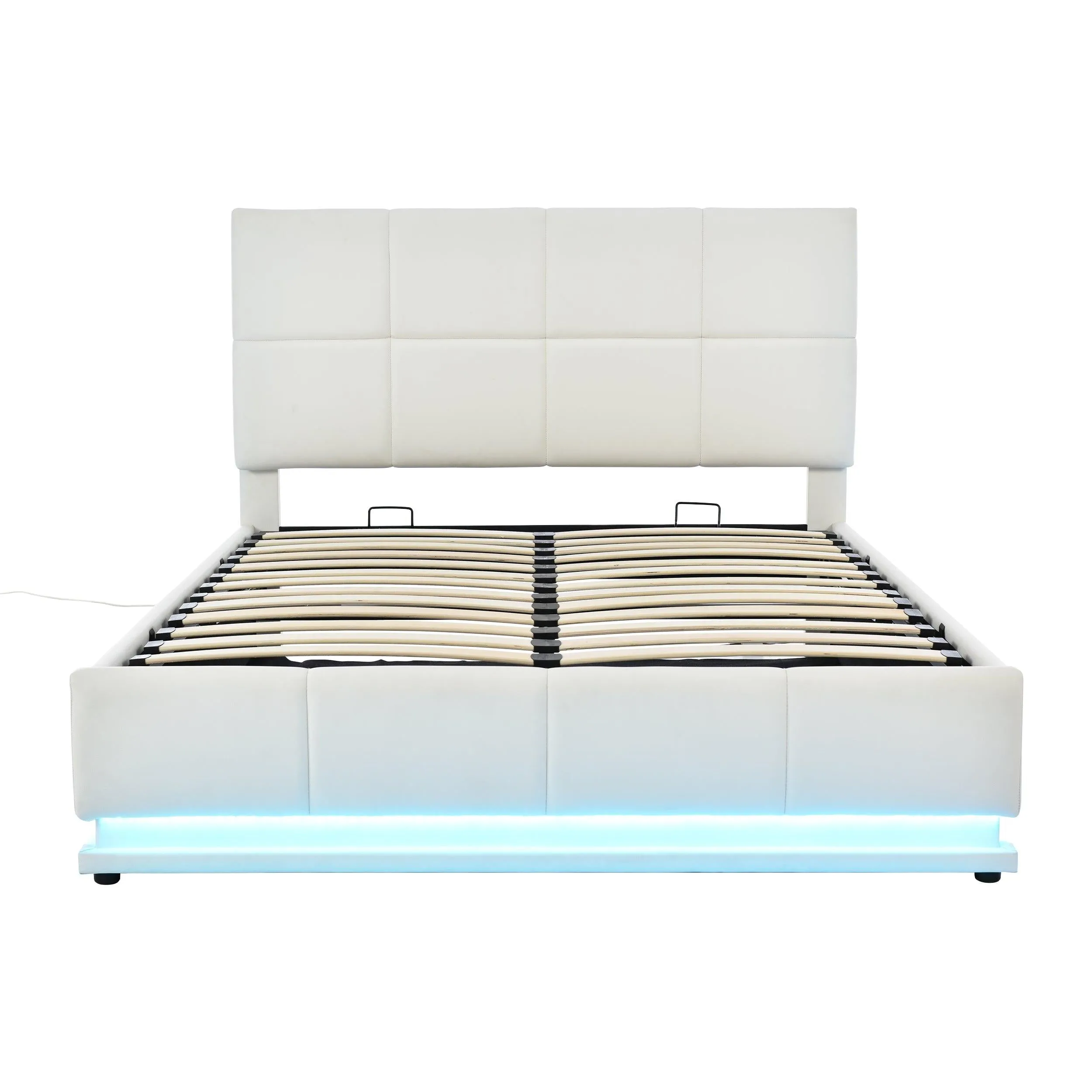 Tufted Upholstered Platform Bed with HydraulicStorage System,Queen Size PUStorage Bed with LED Lights and USB charger, White