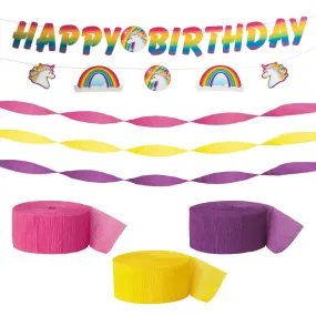 Unicorn Party Supplies - Rainbow & Unicorn Happy Birthday Banner Garland With Crepe Streamer Decorations