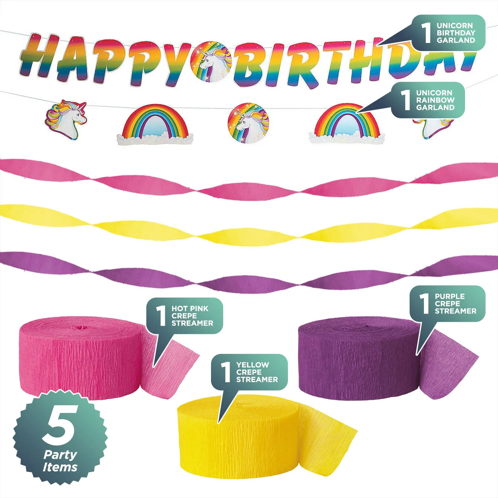 Unicorn Party Supplies - Rainbow & Unicorn Happy Birthday Banner Garland With Crepe Streamer Decorations