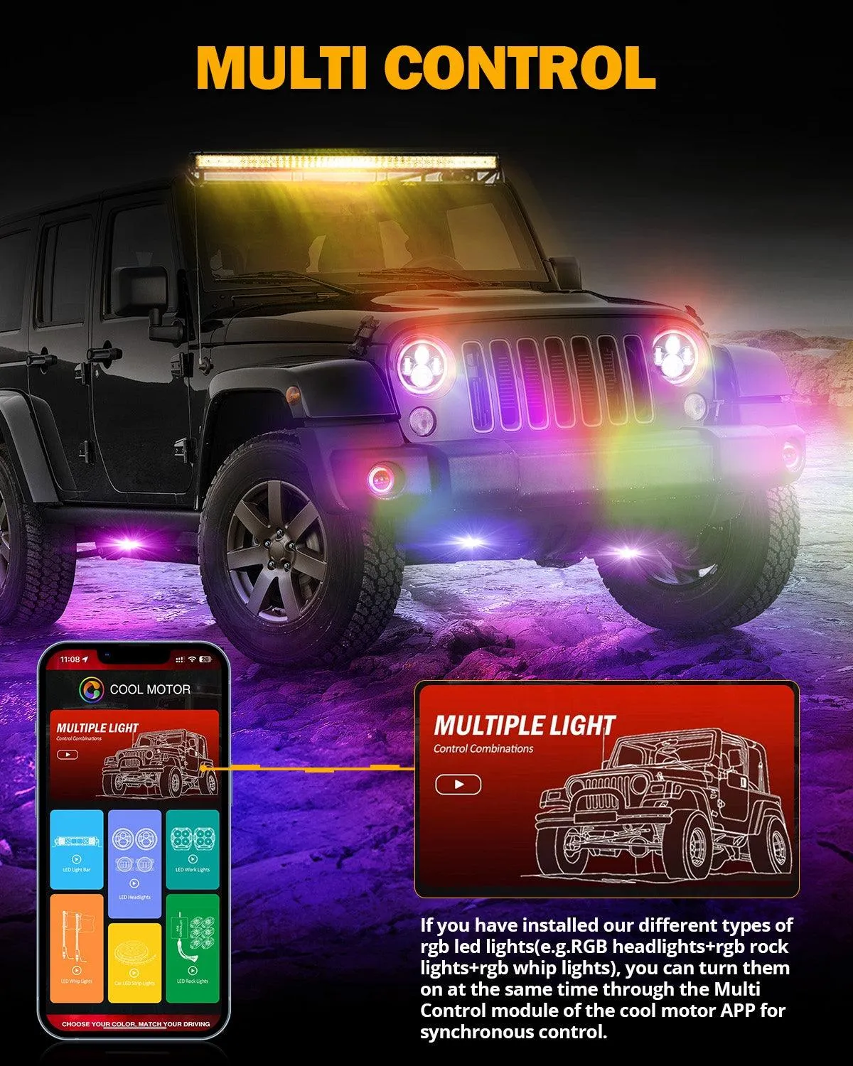 Upgraded RGB 7 Inch Headlights   4 Inch Fog Lights Combo for Jeep Wrangler JK with APP Control