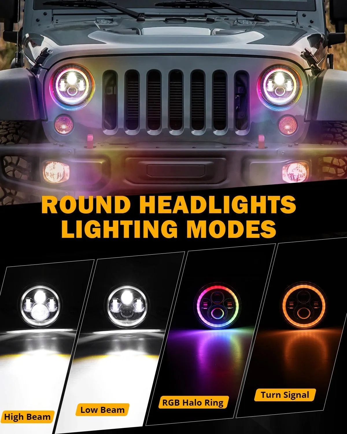 Upgraded RGB 7 Inch Headlights   4 Inch Fog Lights Combo for Jeep Wrangler JK with APP Control