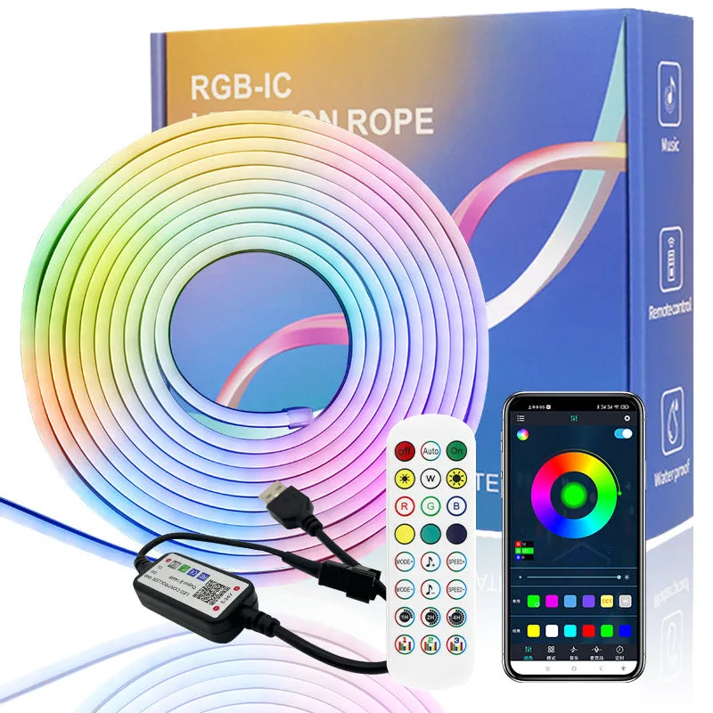 USB RGB Neon Light Strip Set – 5V Bluetooth APP Control, Silicone Waterproof Music-Activated Flowing Decorative LED Strip Lights