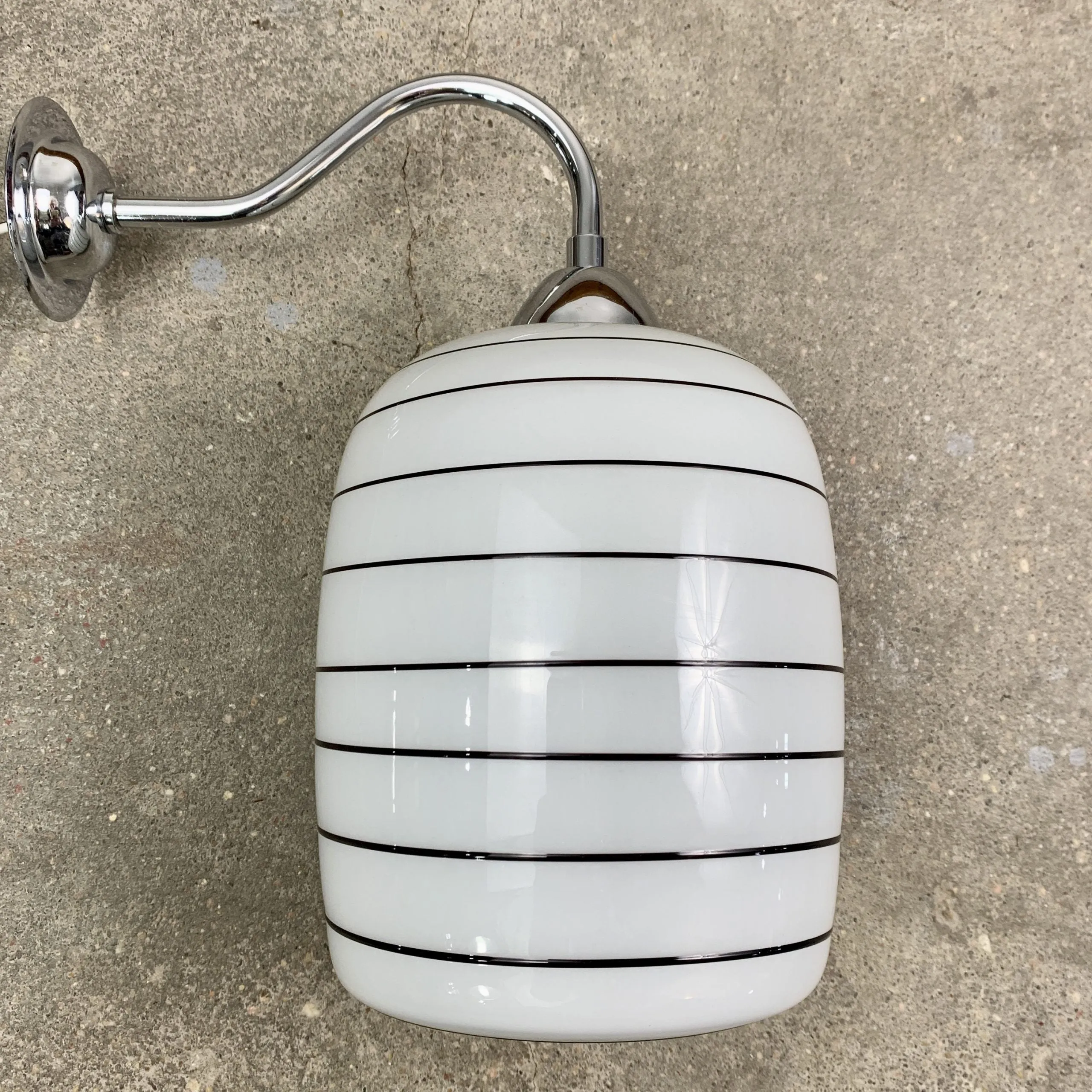 Wall Light, Hand Blown Shade, Milk Glass, Black Stripes