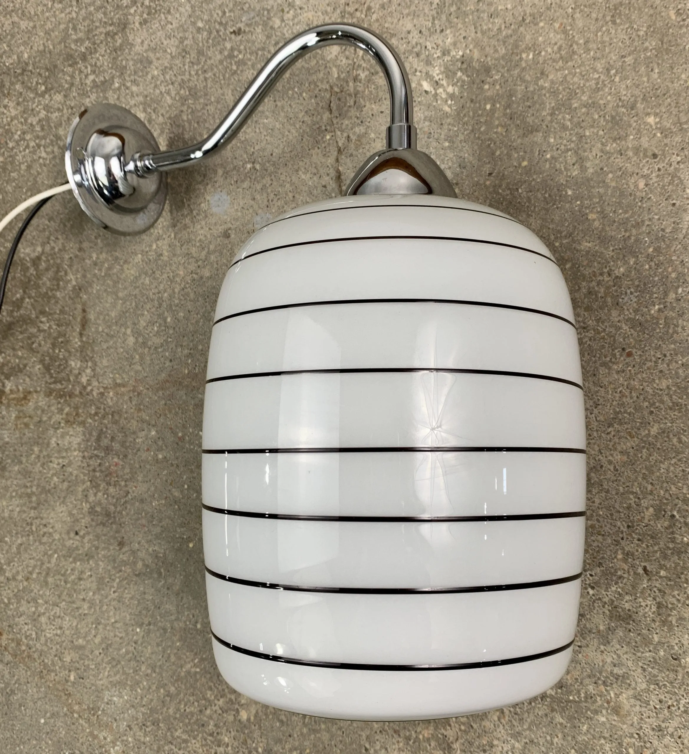 Wall Light, Hand Blown Shade, Milk Glass, Black Stripes