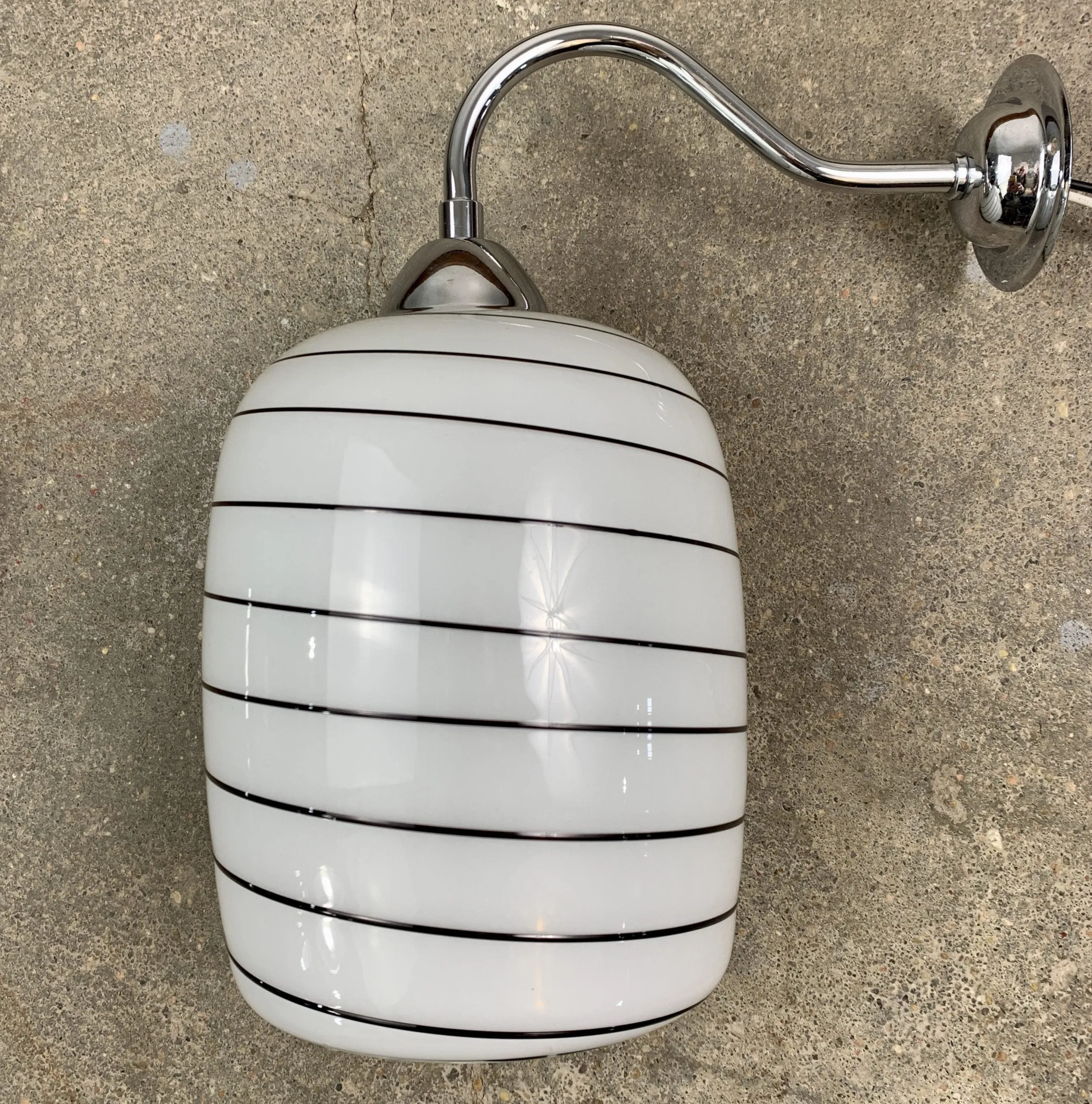Wall Light, Hand Blown Shade, Milk Glass, Black Stripes
