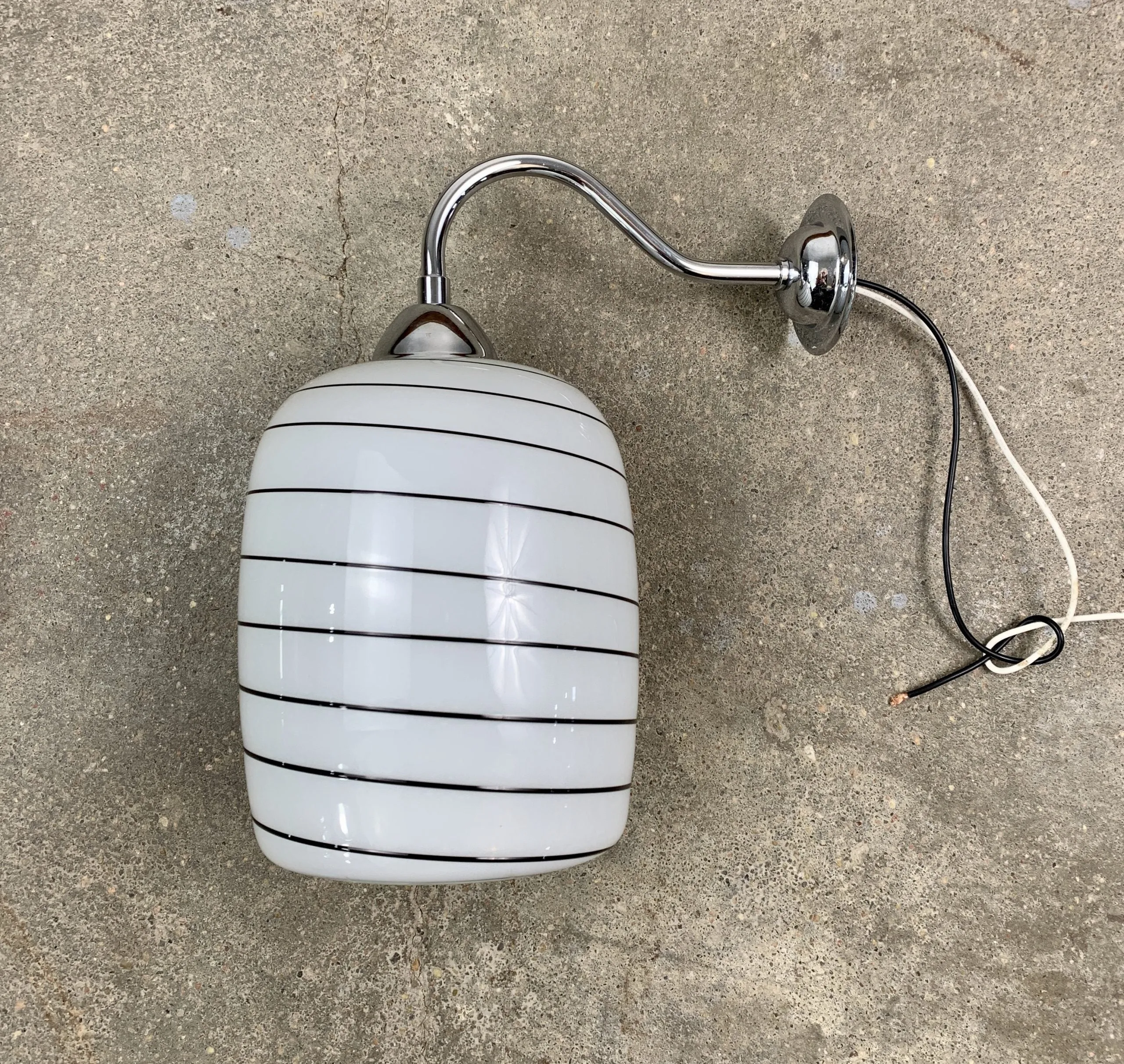 Wall Light, Hand Blown Shade, Milk Glass, Black Stripes
