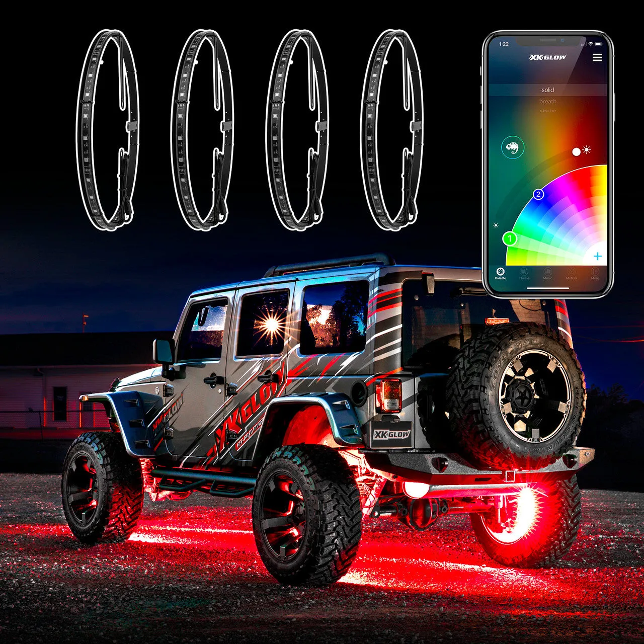 XKGlow Led Wheel Ring Lights w/ Turn Signal Function/ XKChrome Smartphone App Controlled - 15" or 15-18" Adjustable Ring