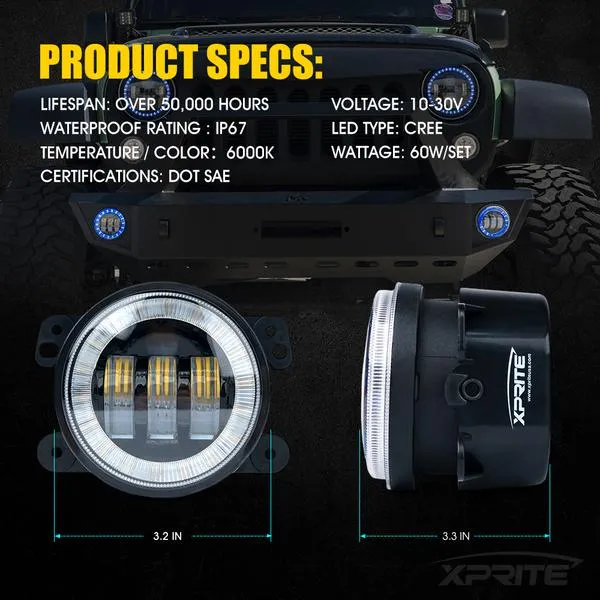 Xprite 4" LED Fog Light Jeep Wrangler JK (2007-2018) Grand Cherokee (2011-2013) w/ RGB Halo - FL-R4IN-RGB