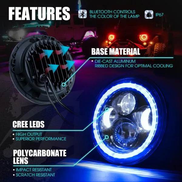 Xprite 7" 90W CREE LED Headlights Jeep Wrangler JK (1997-2018) w/ RGB Halo - HL-90W-G1-RGB