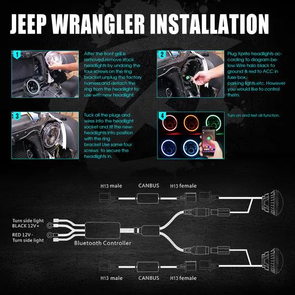 Xprite 7" 90W CREE LED Headlights Jeep Wrangler JK (1997-2018) w/ RGB Halo - HL-90W-G1-RGB