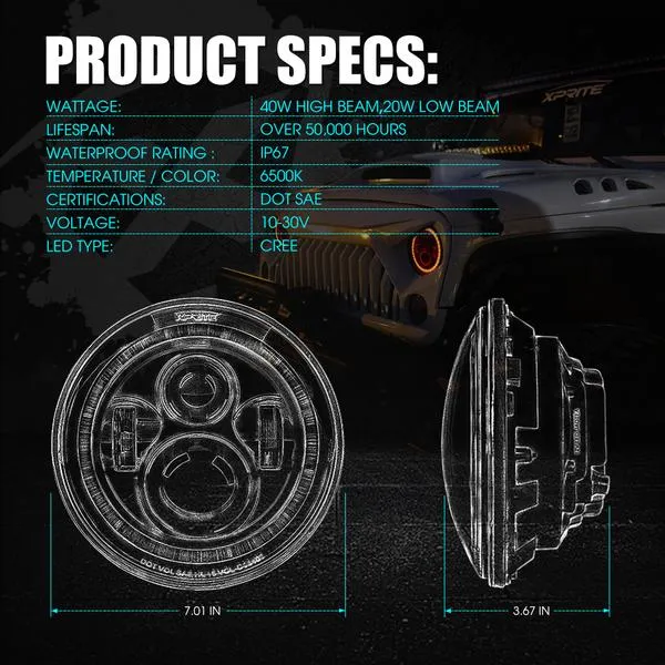 Xprite 7" 90W CREE LED Headlights Jeep Wrangler JK (1997-2018) w/ RGB Halo - HL-90W-G1-RGB