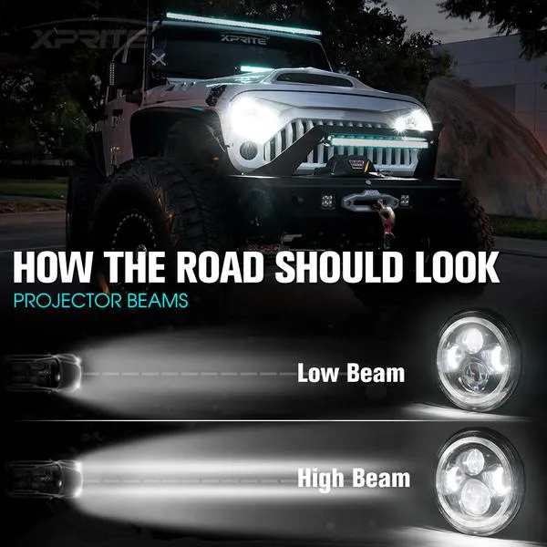 Xprite 7" 90W CREE LED Headlights Jeep Wrangler JK (1997-2018) w/ RGB Halo - HL-90W-G1-RGB