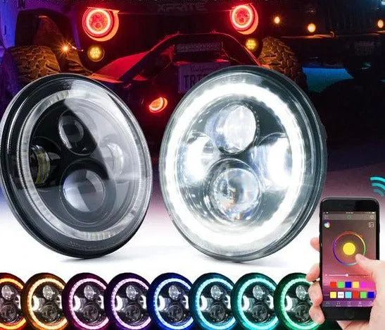 Xprite 7" 90W CREE LED Headlights Jeep Wrangler JK (1997-2018) w/ RGB Halo - HL-90W-G1-RGB