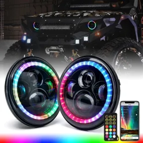 Xprite 7" 90W G2 Exhibit Series LED Headlights Jeep Wrangler TJ/JK [w/ RGB Chasing Halo] (1997-2018) HL-90W-G2-DANCE