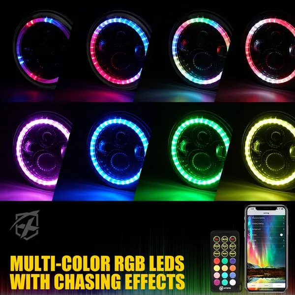 Xprite 7" 90W G2 Exhibit Series LED Headlights Jeep Wrangler TJ/JK [w/ RGB Chasing Halo] (1997-2018) HL-90W-G2-DANCE