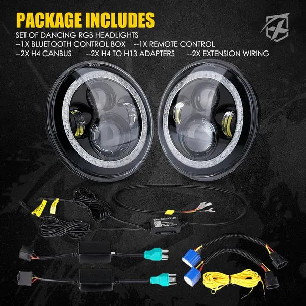 Xprite 7" 90W G2 Exhibit Series LED Headlights Jeep Wrangler TJ/JK [w/ RGB Chasing Halo] (1997-2018) HL-90W-G2-DANCE