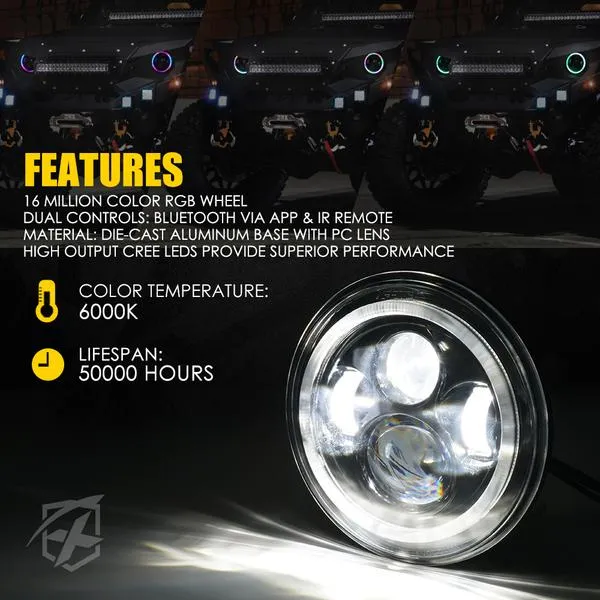 Xprite 7" 90W G2 Exhibit Series LED Headlights Jeep Wrangler TJ/JK [w/ RGB Chasing Halo] (1997-2018) HL-90W-G2-DANCE