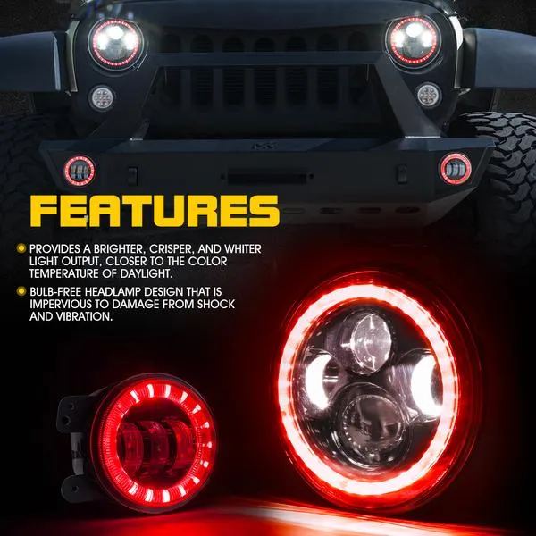Xprite 7" RGB LED Bluetooth Headlights & Fog Light Kit Jeep Wrangler JK JKU (2007-2018) HL-90W-G1-RGB-KIT