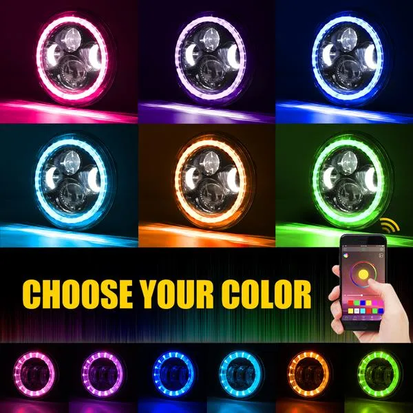 Xprite 7" RGB LED Bluetooth Headlights & Fog Light Kit Jeep Wrangler JK JKU (2007-2018) HL-90W-G1-RGB-KIT