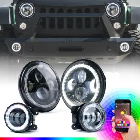 Xprite 7" RGB LED Bluetooth Headlights & Fog Light Kit Jeep Wrangler JK JKU (2007-2018) HL-90W-G1-RGB-KIT