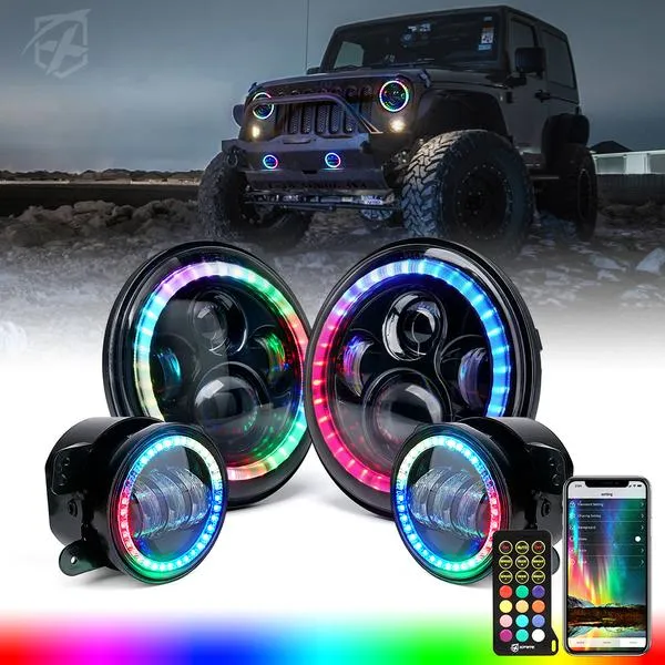 Xprite LED Headlights & Fog Lights Jeep Wrangler JK (2007-2018) Exhibit Series w/ RGB Halo Combo - 7" 90W