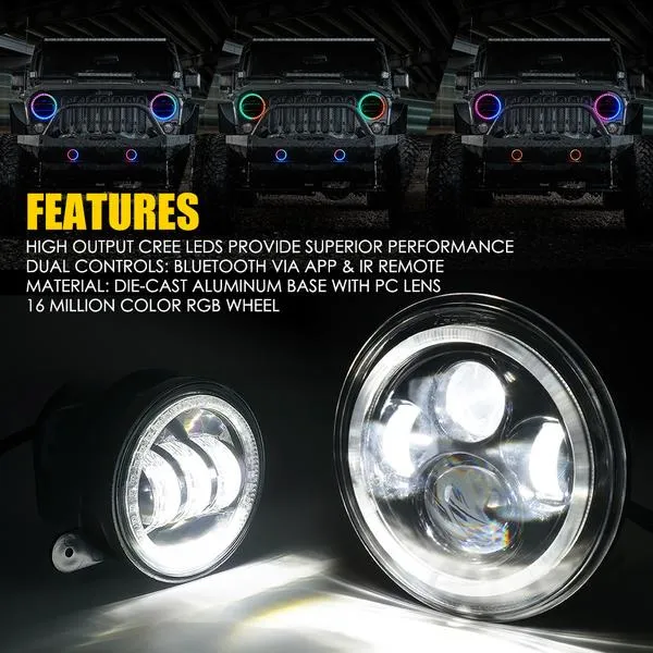 Xprite LED Headlights & Fog Lights Jeep Wrangler JK (2007-2018) Exhibit Series w/ RGB Halo Combo - 7" 90W