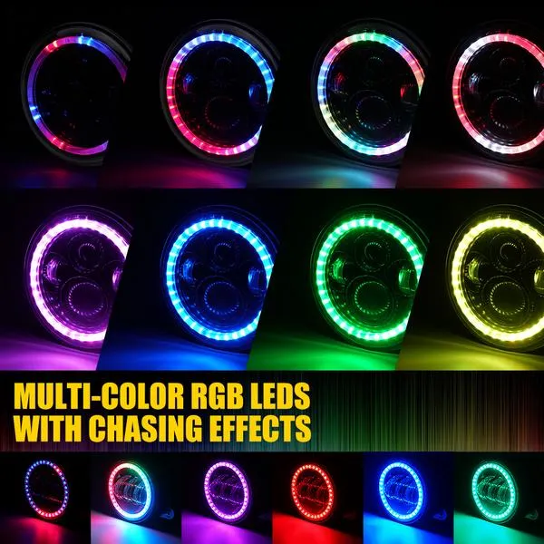 Xprite LED Headlights & Fog Lights Jeep Wrangler JK (2007-2018) Exhibit Series w/ RGB Halo Combo - 7" 90W