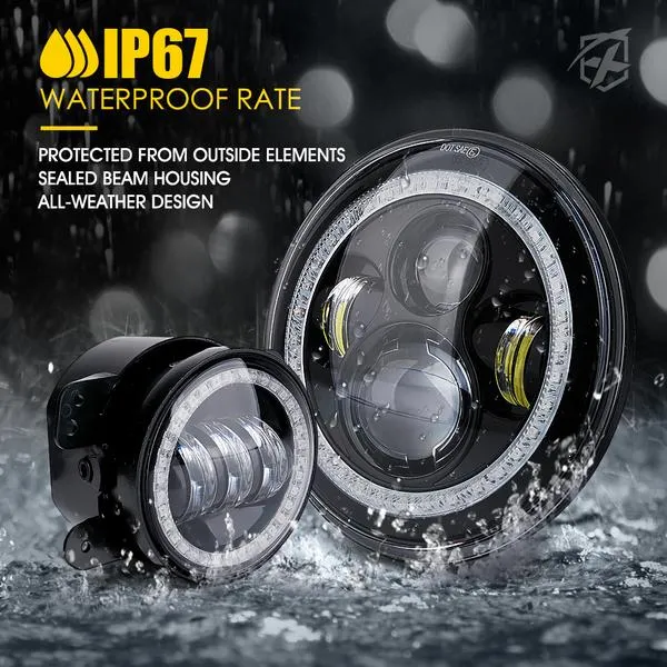 Xprite LED Headlights & Fog Lights Jeep Wrangler JK (2007-2018) Exhibit Series w/ RGB Halo Combo - 7" 90W