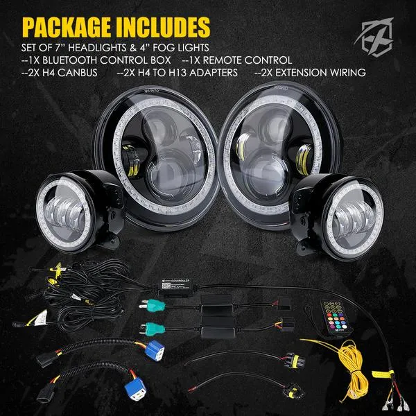 Xprite LED Headlights & Fog Lights Jeep Wrangler JK (2007-2018) Exhibit Series w/ RGB Halo Combo - 7" 90W